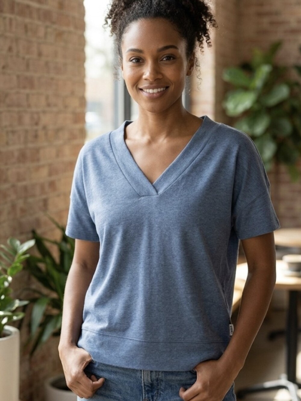 Pact Slate Blue Heather Organic Cotton BlendV-Neck Short Sleeve Top Size M/L